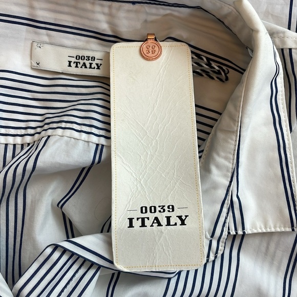 NWT 0039 Italy 100% cotton Carrie edge blue strip long sleeve button down size L - Picture 9 of 10